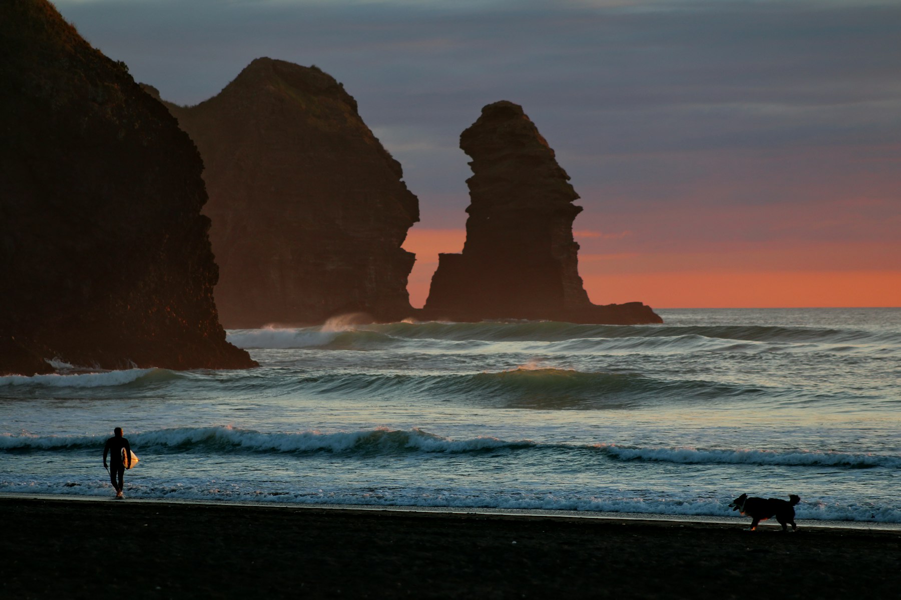 A runner and a dog on a black-sand beach below sea stacks at sunset