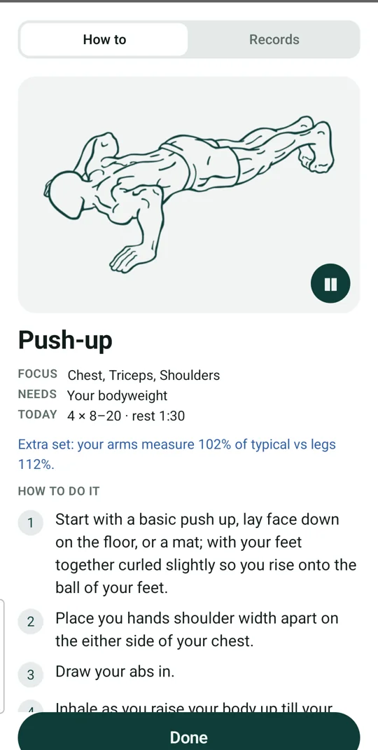 Everhale exercise guide for the push-up with focus muscles and numbered steps