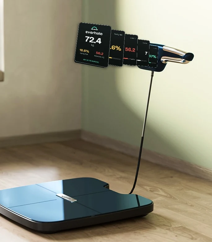 The Everhale scale in a living room, its handle raised on the cable, with the reading shown on the screen: weight, body fat and muscle
